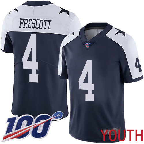 Youth Dallas Cowboys Limited Navy Blue Dak Prescott Alternate 4 100th Season Vapor Untouchable Throwback NFL Jersey